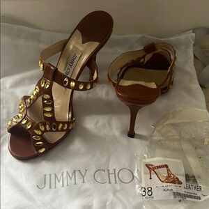 Jimmy Choo Brown Leather Swarovski Crystals Heels Made in Size 38